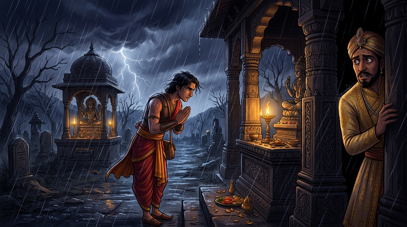 Viravara bows and hurries home through the storm, while hidden Vikramaditya watches from the shadows