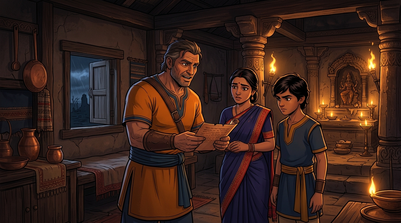 In his humble home, Viravara reveals the Goddess's decree to his wife and son Shaktidhara