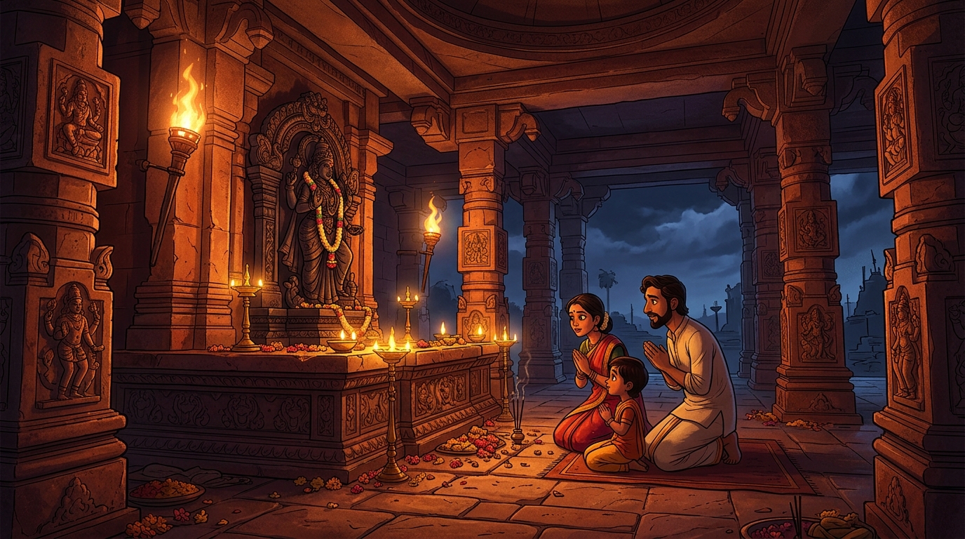Inside the ancient torchlit sanctum of Mother Chandi, the family kneels before the stone altar