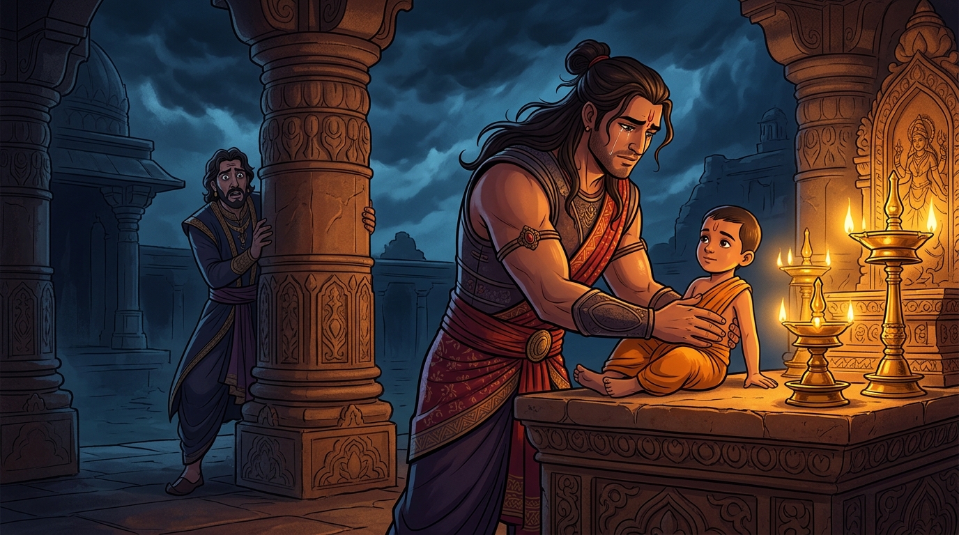With steady hands and tears of warrior devotion, Viravara offers his son upon the altar