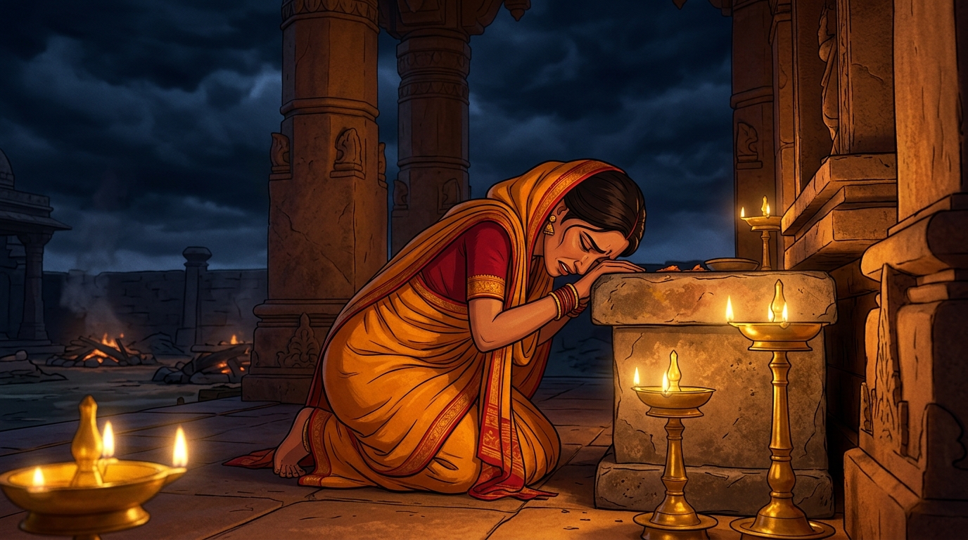 Overcome by pride and grief, Viravara's wife places her head upon the stone