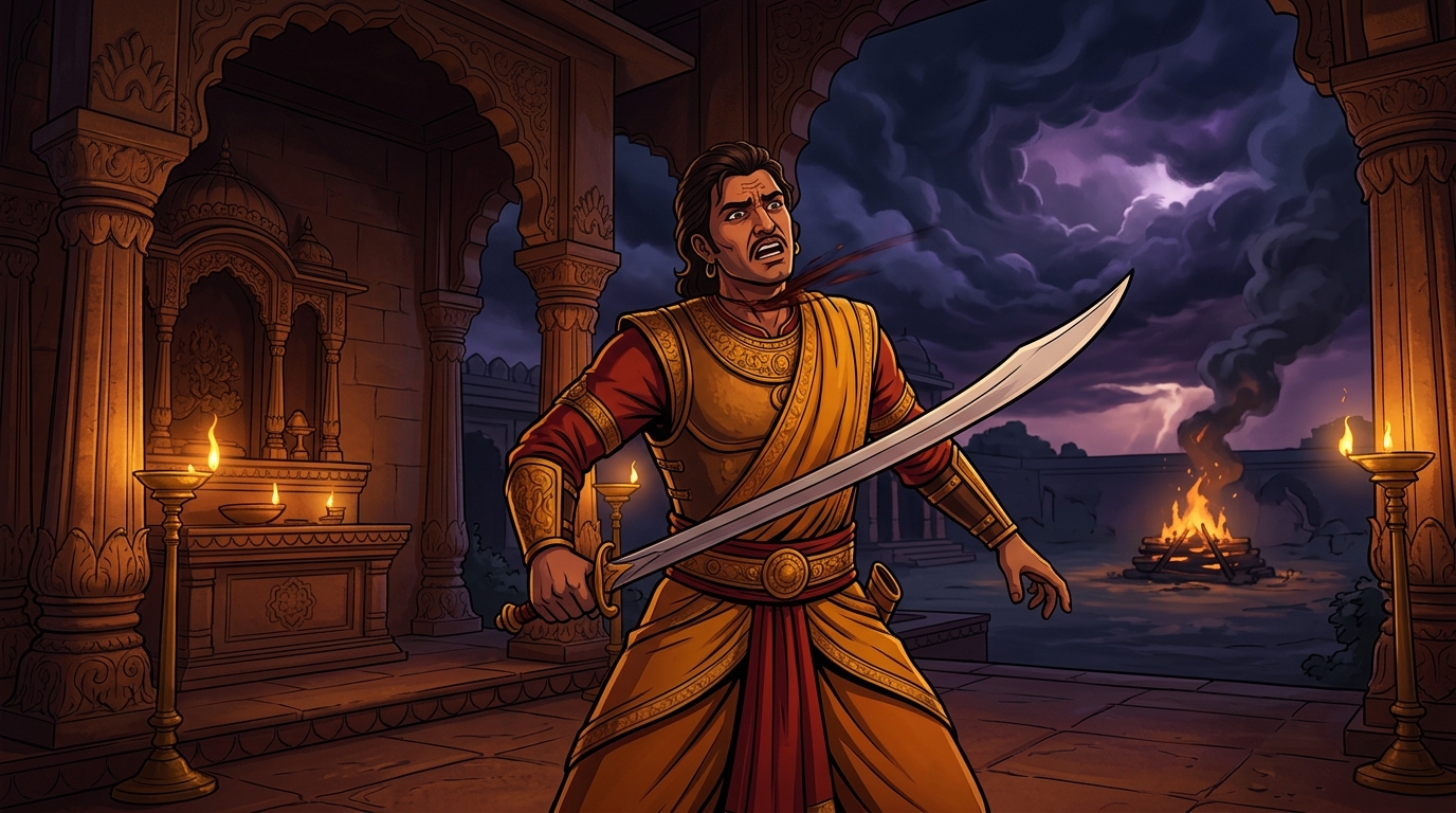 Viravara draws his sword and severs his own neck, completing the family offering