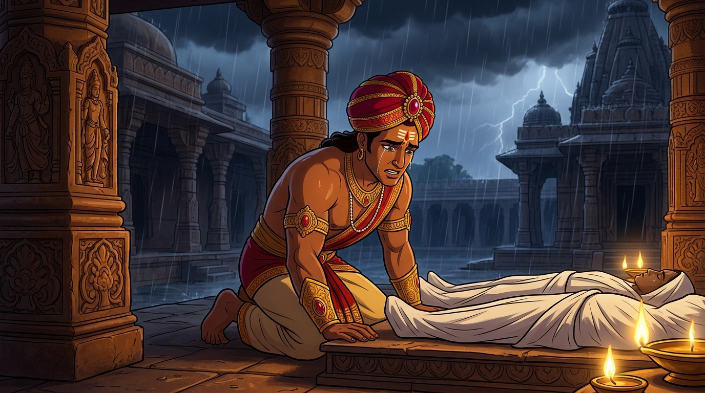 Vikramaditya steps out from behind the stone pillar, falling to his knees in tears