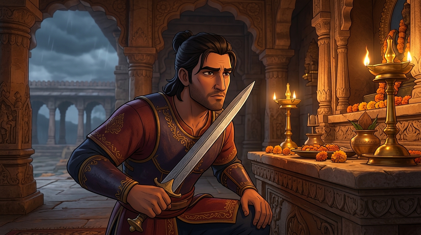 Vikramaditya kneels before the altar, placing the razor edge against his bare throat