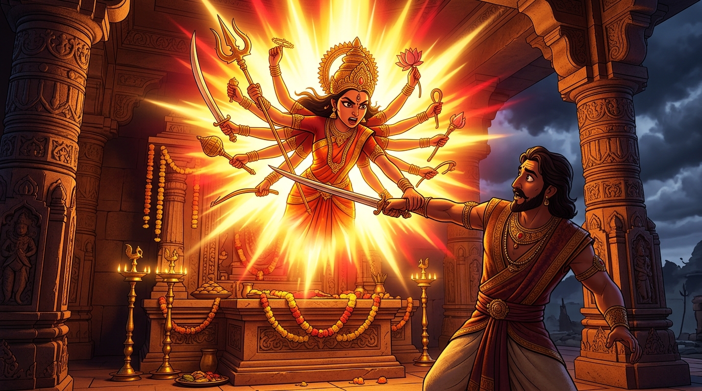 In a blinding flash of celestial light, Mother Goddess Mahachandi manifests, grabbing Vikramaditya's arm