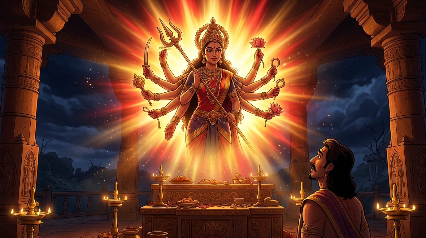 Goddess Chandi sprinkles celestial Amrita, instantly reviving Viravara, his wife, and son