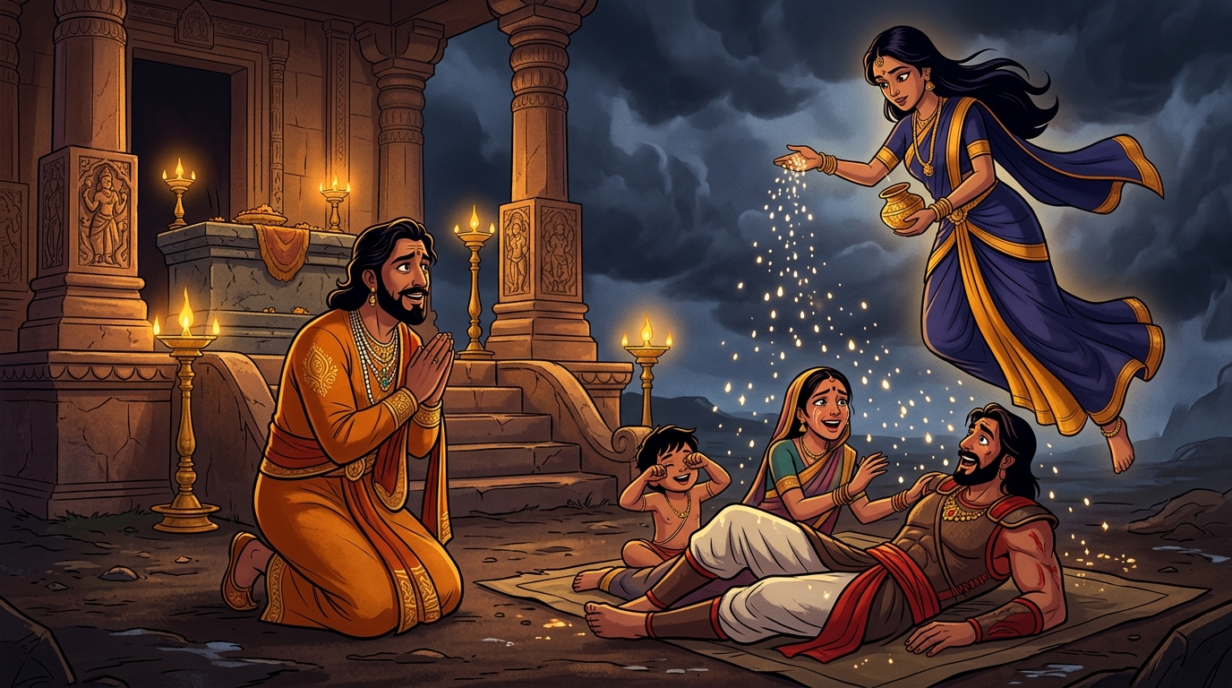 Vikramaditya slips away through the rain before the revived family awakens