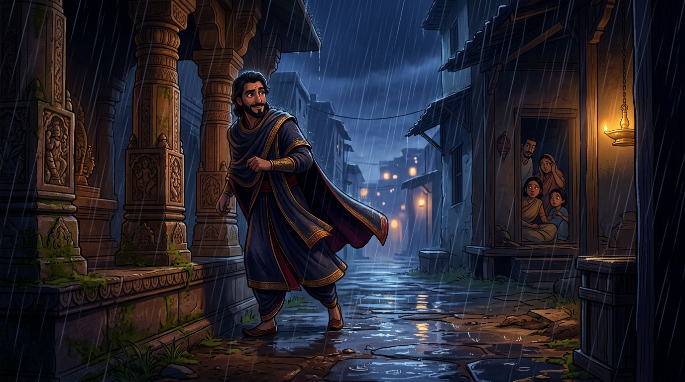 At dawn in Ujjayini court, Viravara reports calmly: 'The weeping woman has vanished, all is peaceful'