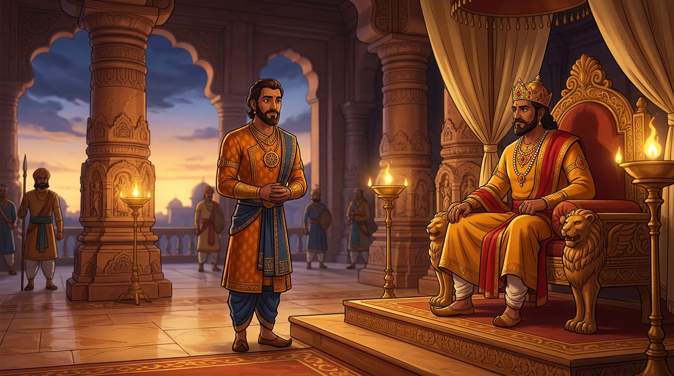 Vikramaditya steps down from the throne, weeping and embracing Viravara before the assembly