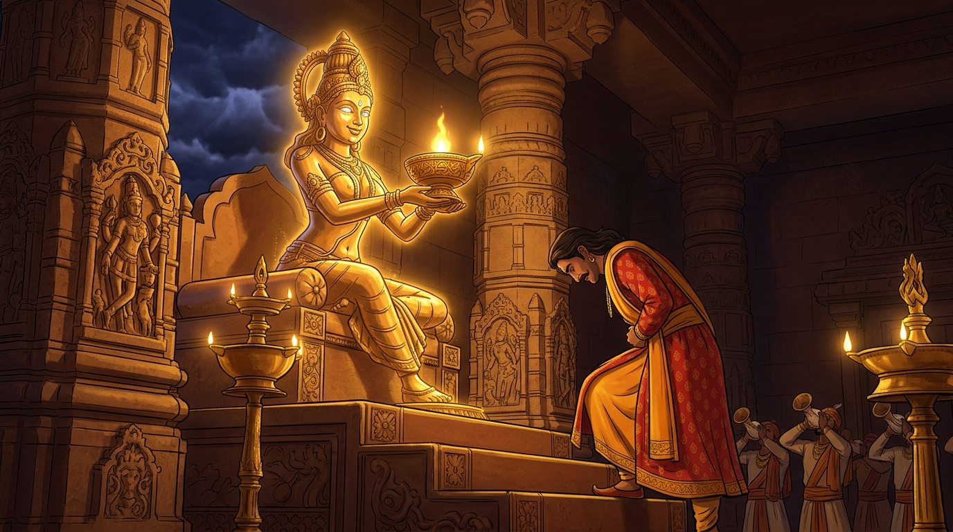 King Bhoja bows in deep humility, stepping down from the eleventh step as conches echo