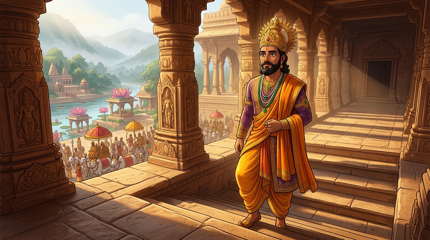King Bhoja in sacred saffron silks approaches the twelfth step of the throne