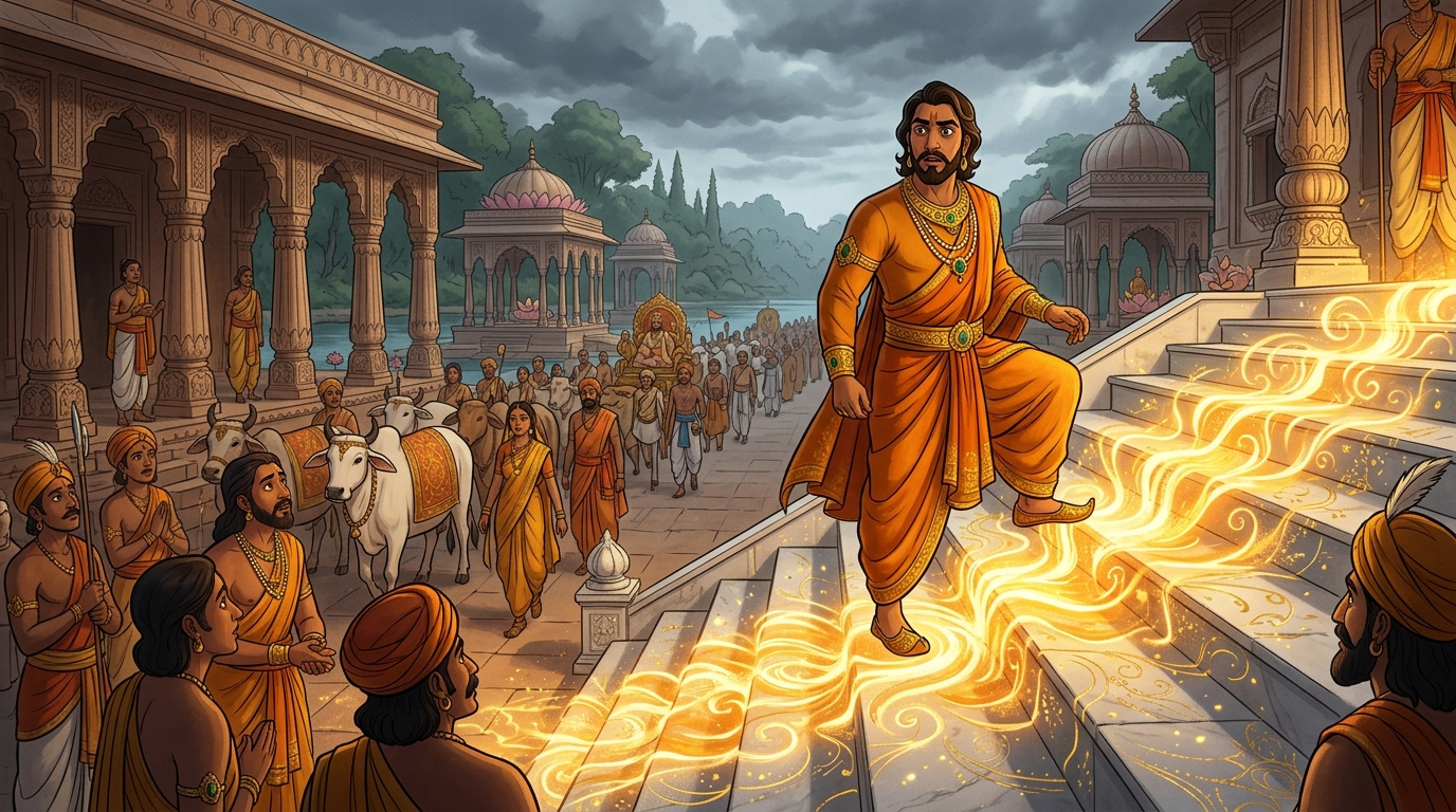 The marble dais erupts with brilliant amber-gold and solar radiance
