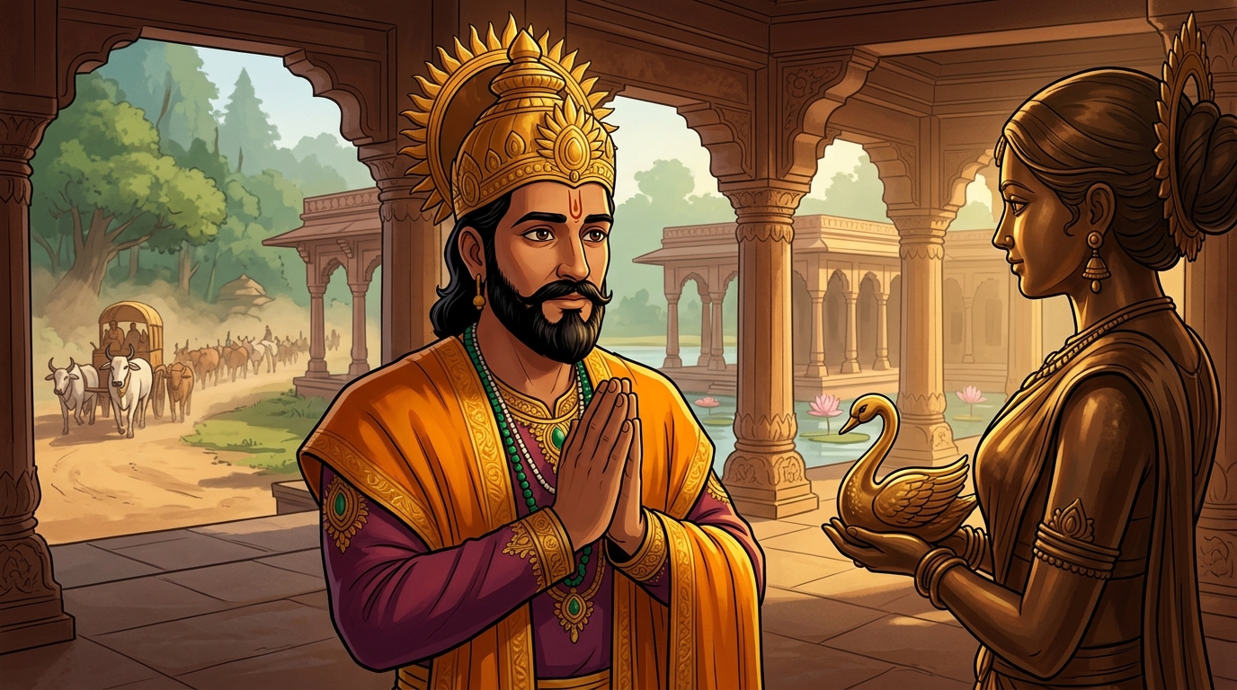 King Bhoja halts in deep reverence with folded hands, gazing at the living bronze maiden