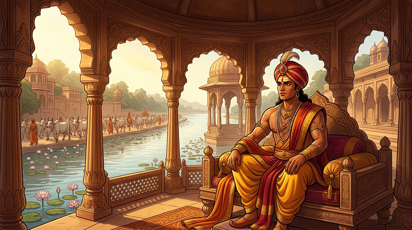 In the royal lotus pavilion beside the Shipra river, Vikramaditya sits in contemplation