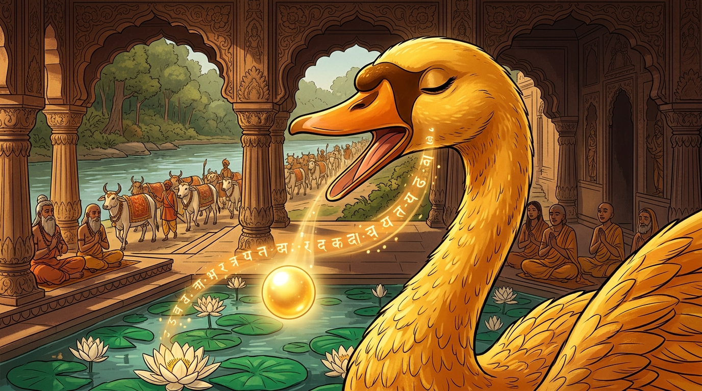 The Golden Swan drops a radiant golden pearl, singing melodic Sanskrit verses of detachment