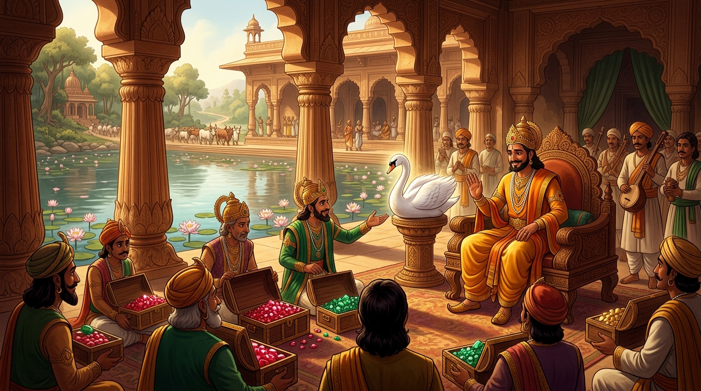 Traders and visiting kings offer chests of rubies to purchase the miraculous swan