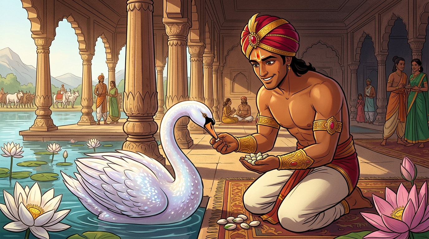 Vikramaditya gently feeds the celestial swan fresh lotus seeds, treating it as a sacred guest