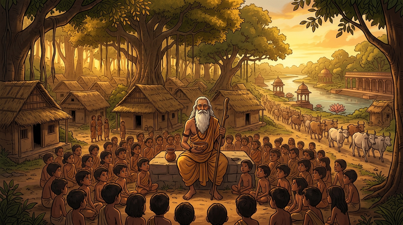 In the dense ancient forest of Naimisharanya, Sage Veda-Garbha teaches orphan disciples