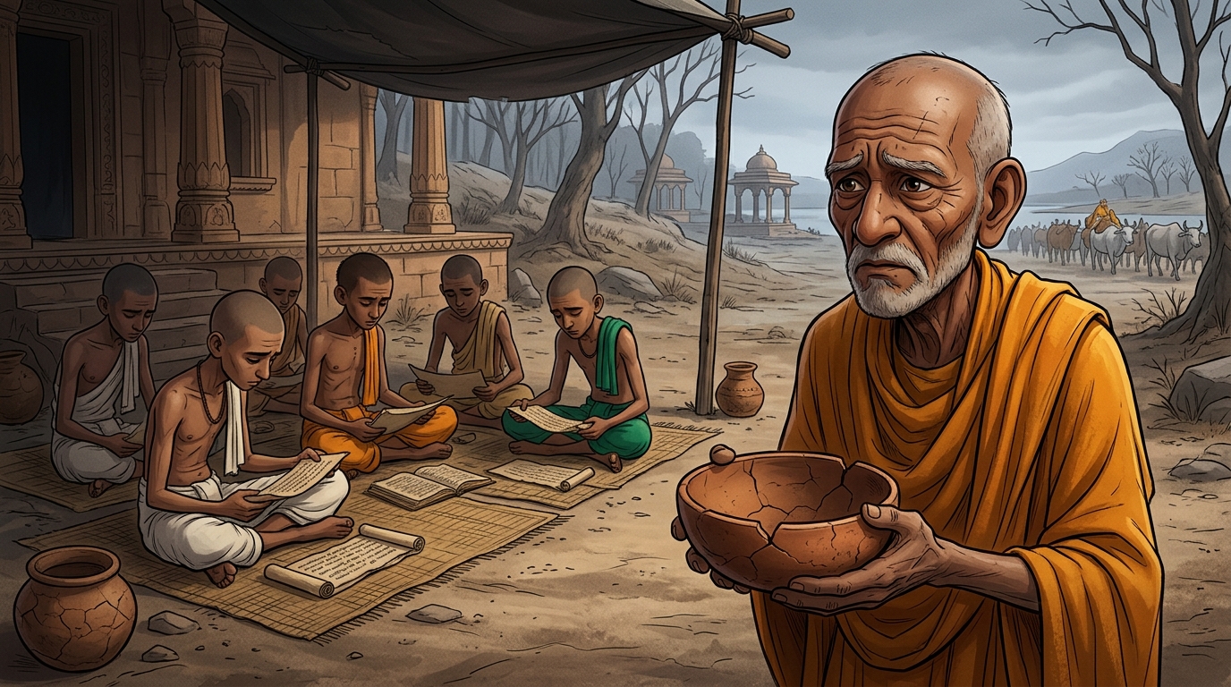 Facing severe winter drought, the hermit watches his disciples study on empty stomachs