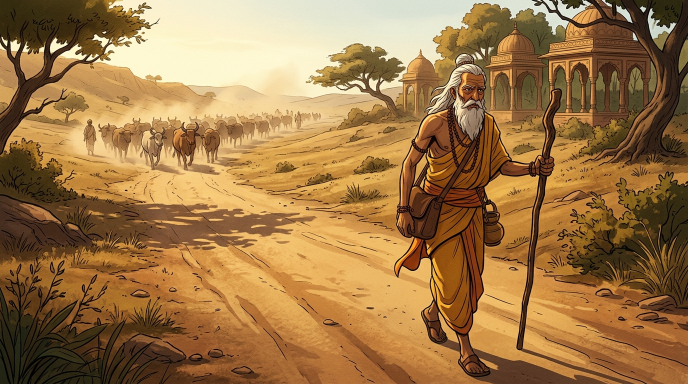 Sage Veda-Garbha journeys on foot across hundreds of miles of dusty roads toward Ujjayini
