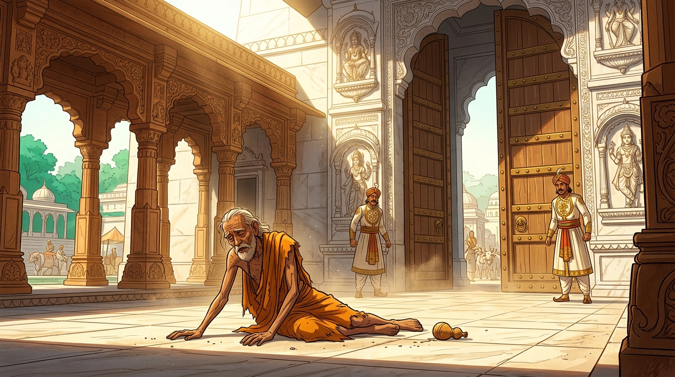 On a scorching summer noon outside the palace gates, the exhausted hermit collapses