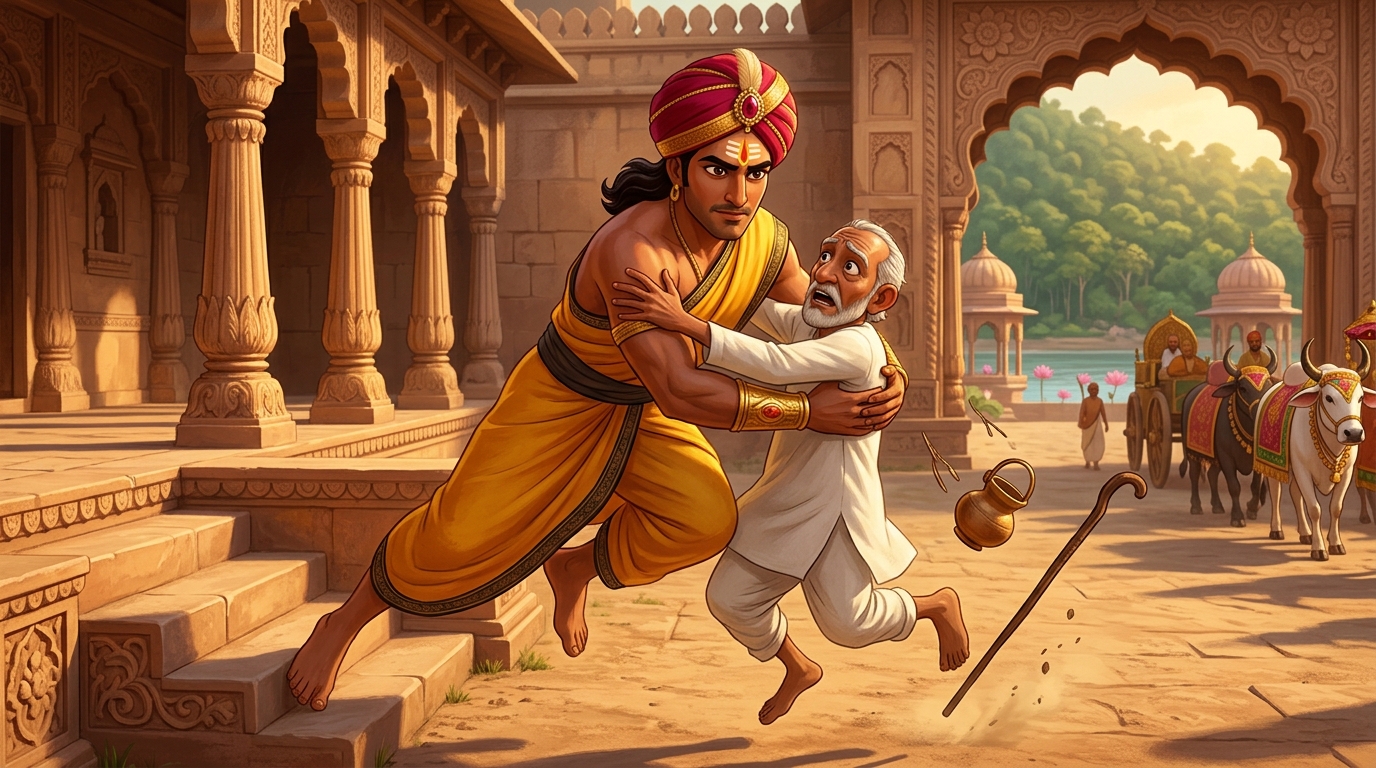 Patrolling in simple robes, Vikramaditya catches the falling sage in his strong arms