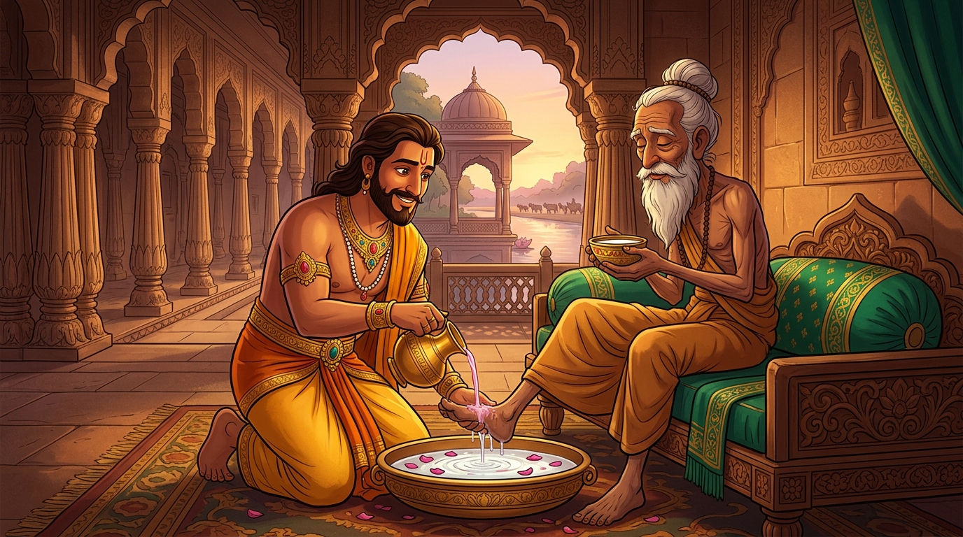 Vikramaditya washes the sage's dust-covered feet with rose water and offers cool sweet milk