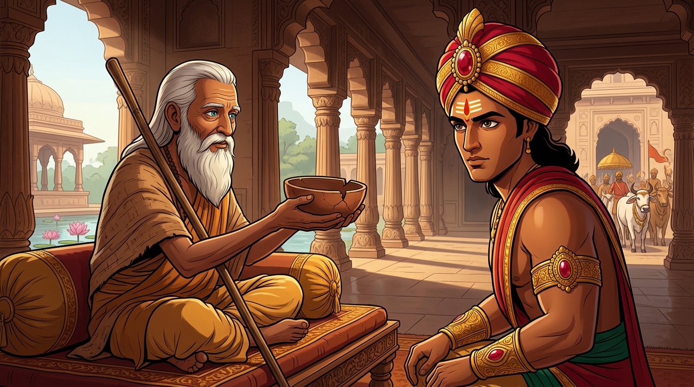 Revived and seated upon a sandalwood dais, Sage Veda-Garbha presents his cracked clay begging bowl