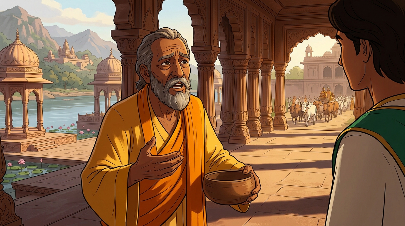 Vikramaditya fills the hermit's clay bowl with heaps of glowing golden pearls