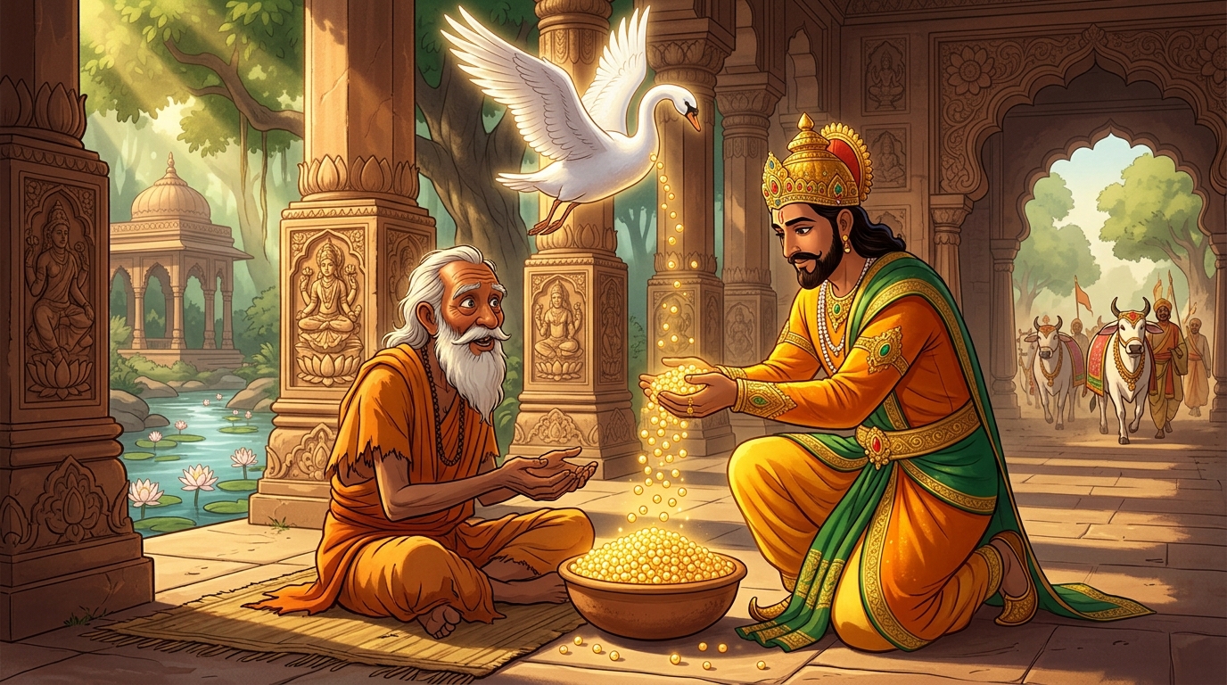 The sage smiles gently: 'Gold cannot give milk to starving children; an ashram needs living cattle!'