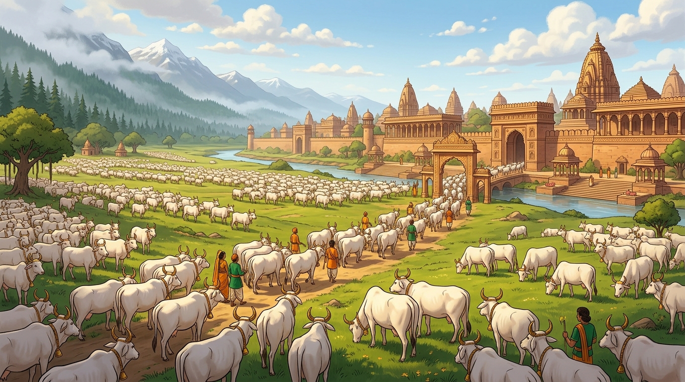 Five thousand magnificent white Kapila milk-cows with gilded horns and brass bells assembled