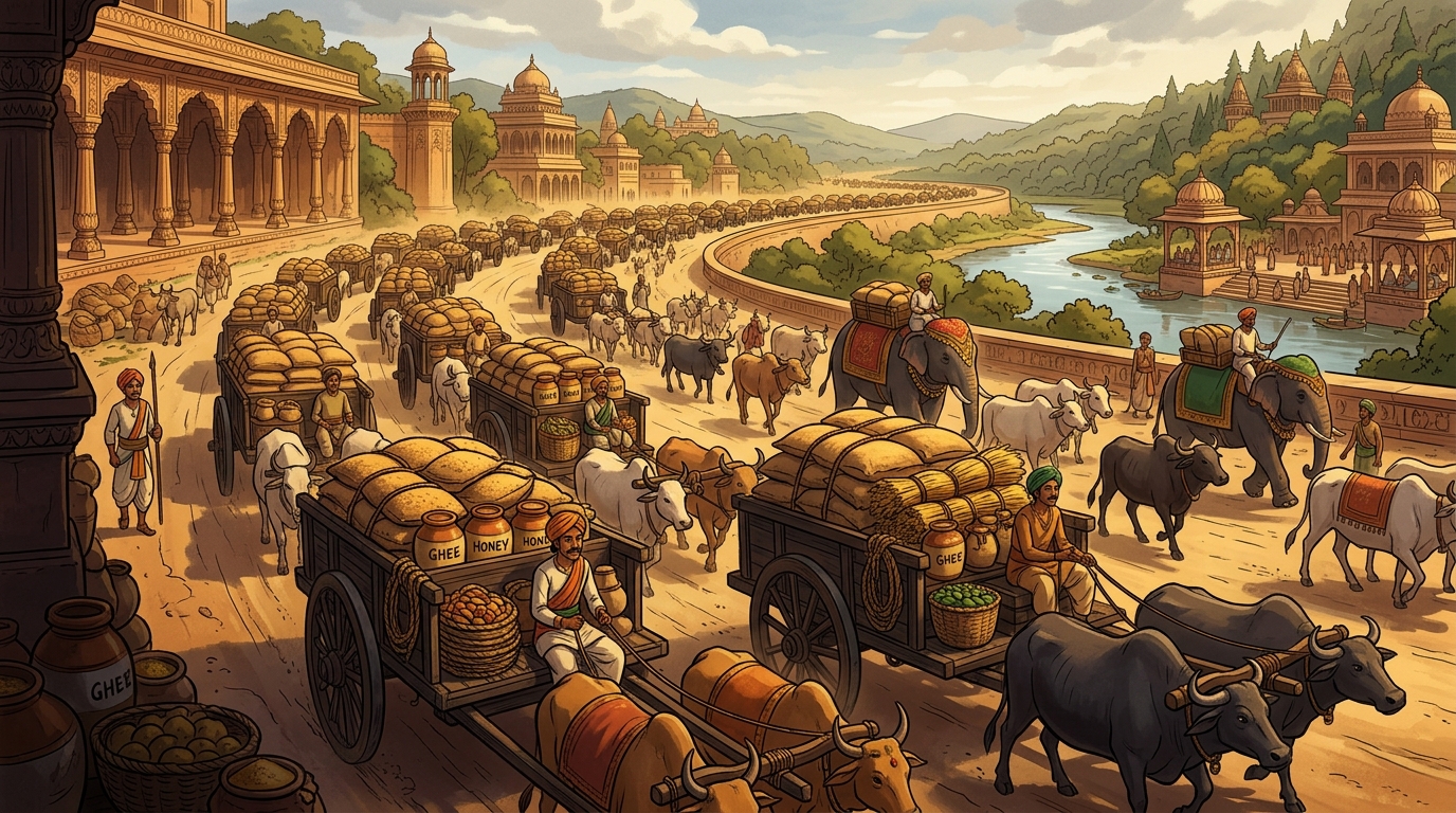 Two hundred heavy wooden wagons loaded with wheat, ghee, honey, and barley line the highway