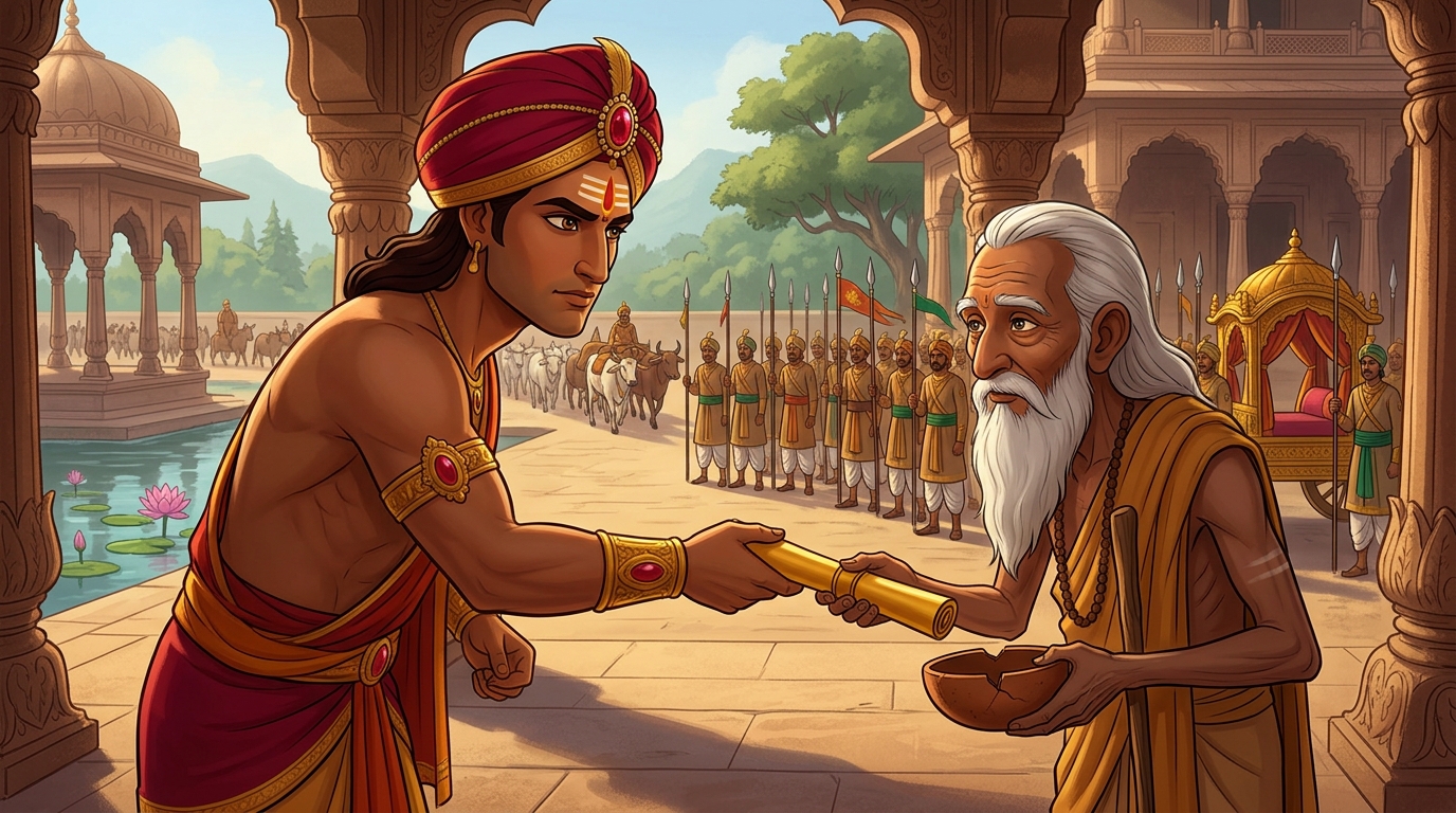 Vikramaditya hands the golden deed of perpetual pasture ownership to Sage Veda-Garbha