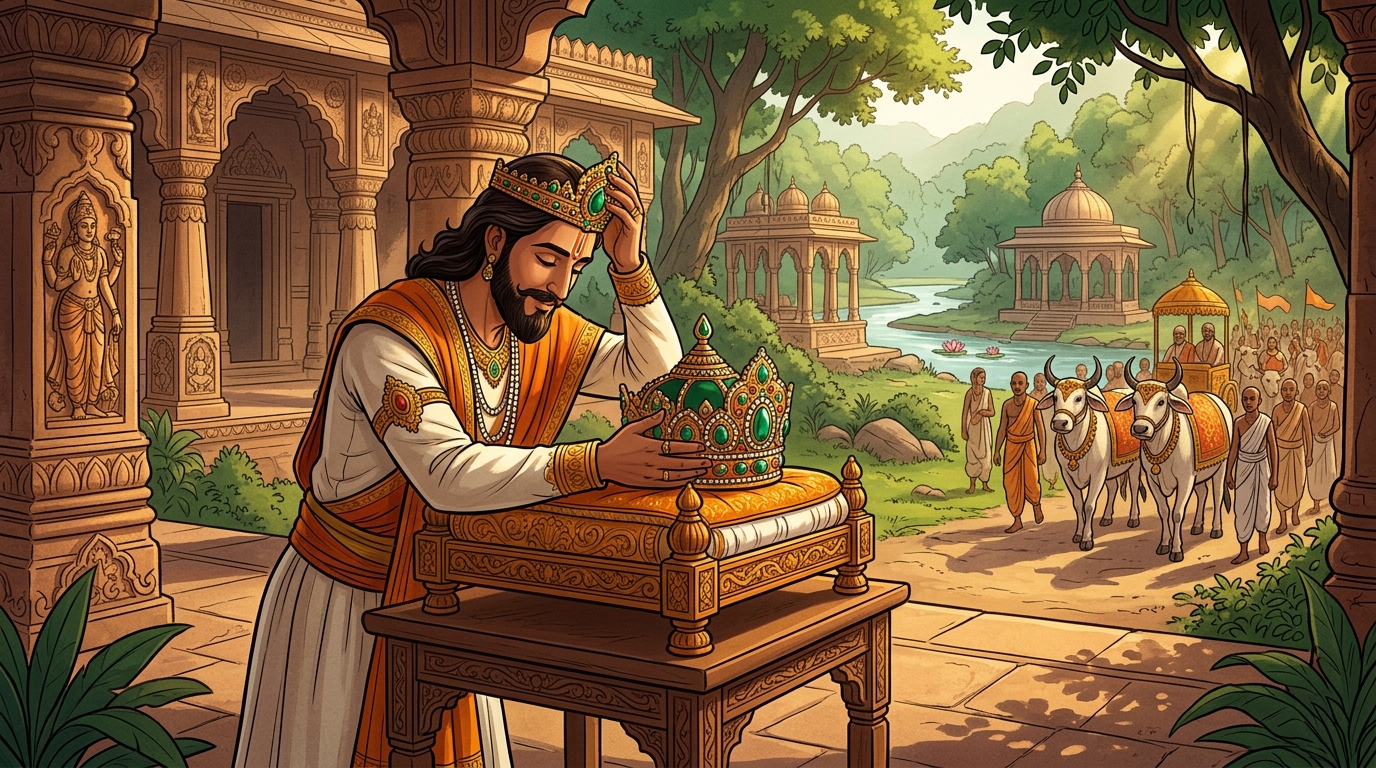 In supreme humility, Vikramaditya removes his own jewel-studded crown, placing it upon the palanquin