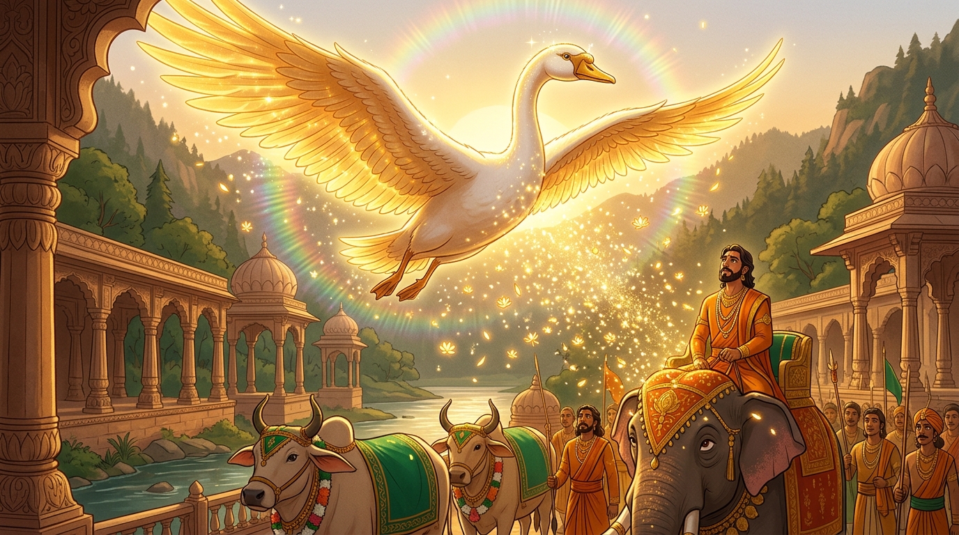 The Golden Swan takes flight into the sunrise, showering sparkling blessings over the Emperor