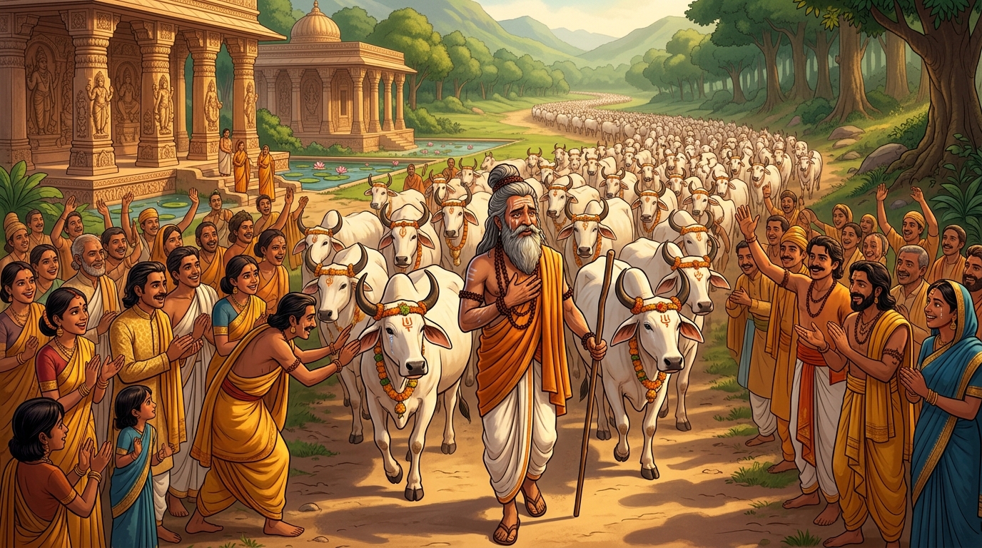 Sage Veda-Garbha weeps in overwhelming gratitude, leading the five-thousand-cow procession