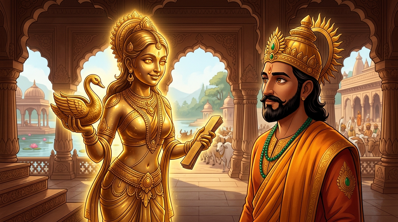 Back in Dharanagari palace, Anandamayi looks directly at King Bhoja with golden-amber eyes
