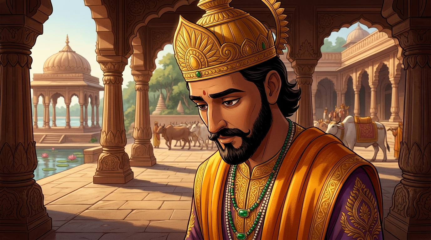 King Bhoja lowers his head in deep humility and introspection, acknowledging Vikramaditya's detachment