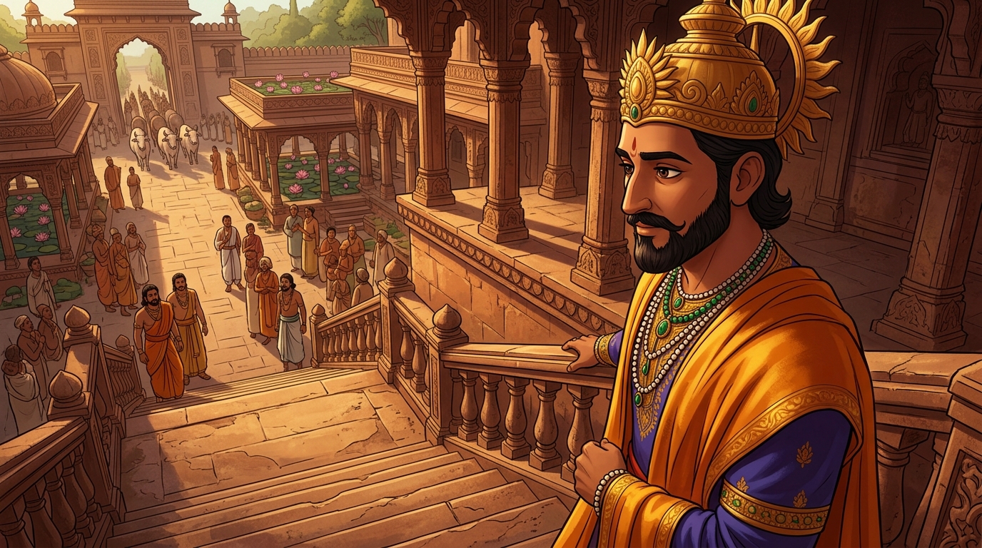 King Bhoja steps down from the twelfth step, ordering tax-free dairy grants for all gurukuls