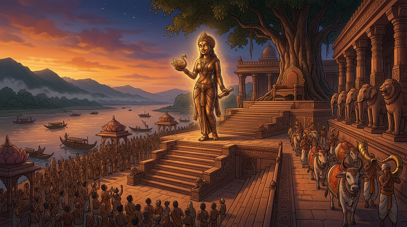 Twilight conches echo across Dharanagari as Anandamayi smiles and freezes back into silent bronze
