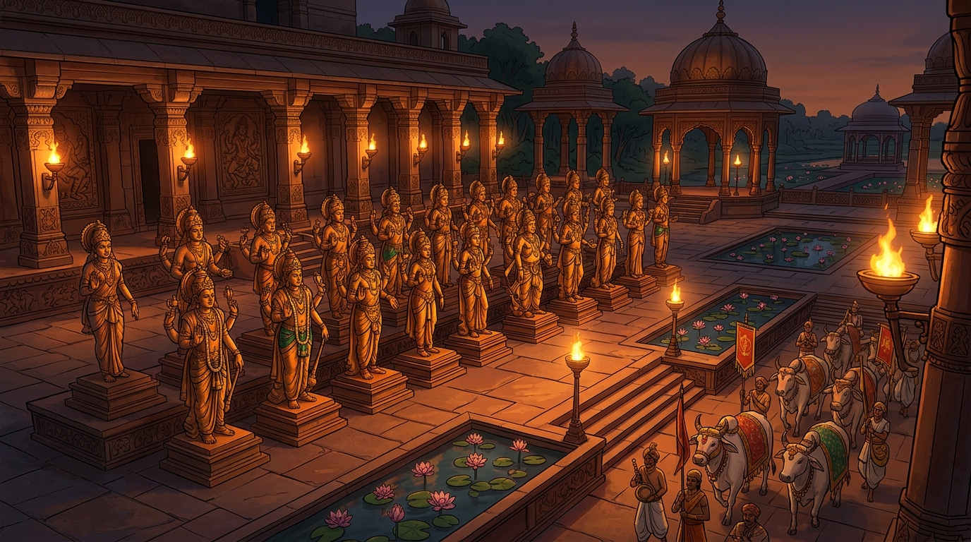 The remaining twenty celestial statues gleam in the evening torchlight