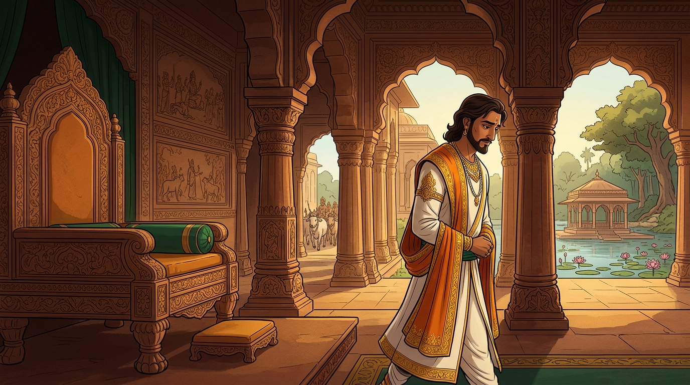 King Bhoja departs the throne hall in quiet contemplation, inspired by Vikramaditya's Dharma