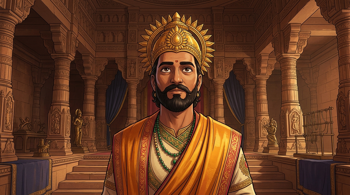 King Bhoja in sacred saffron silks approaches the thirteenth step of the throne