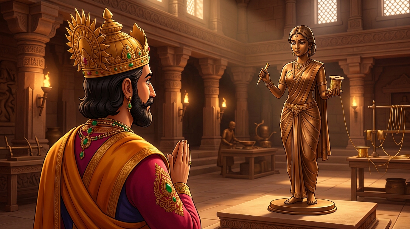 King Bhoja halts in deep reverence with folded hands, gazing at the living bronze maiden