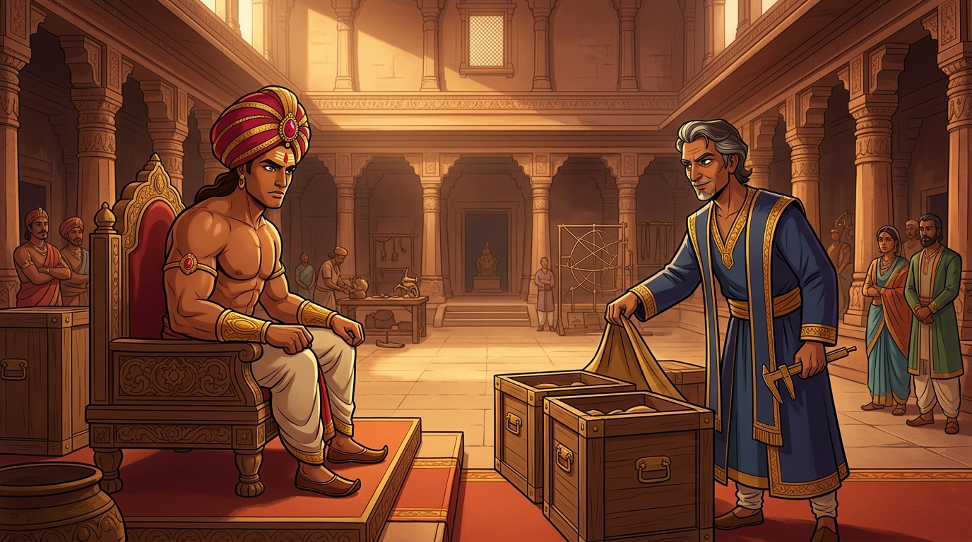 In the grand audience hall of Ujjayini, Vikramaditya sits on his throne as Maya-Shilpi unveils crates