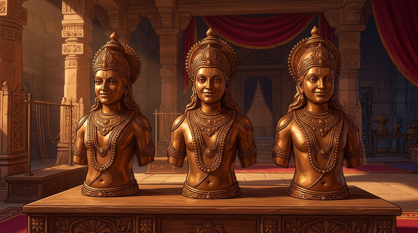 The three bronze statues are completely identical in every curve, carved smile, and jewelry