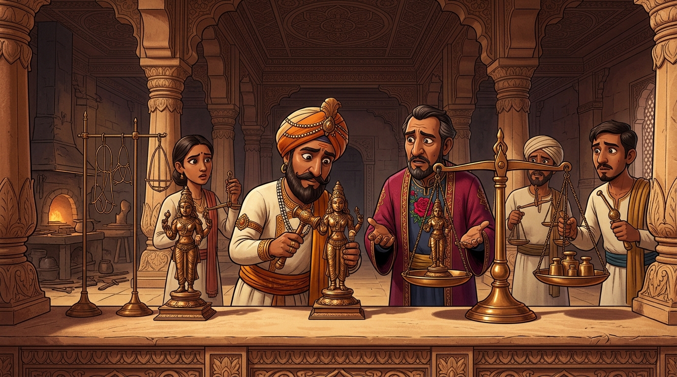 The royal metallurgists examine the statues with scales and sound-hammers