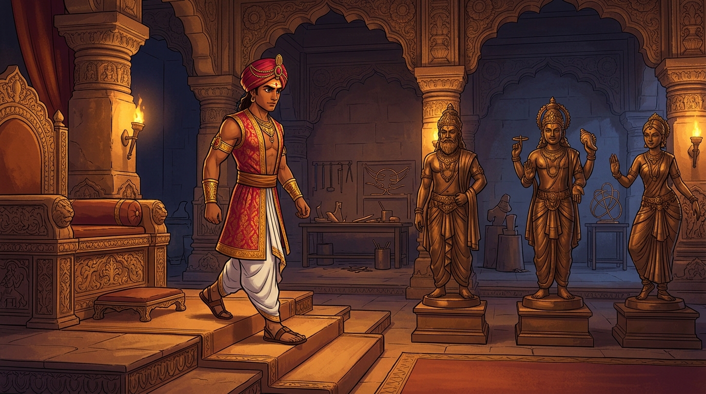 Vikramaditya steps down from the royal throne, walking around the three statues