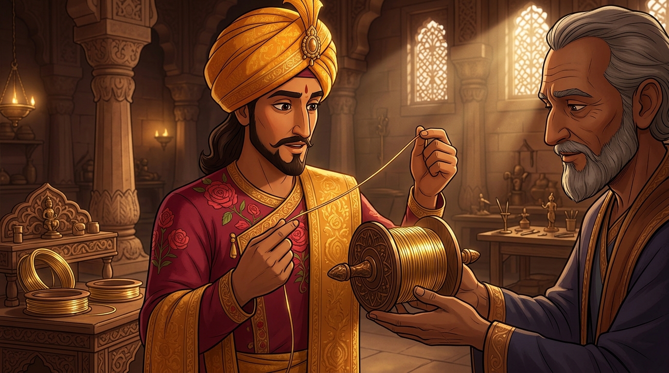 Vikramaditya requests a spool of thin, flexible golden wire from the royal jewelers