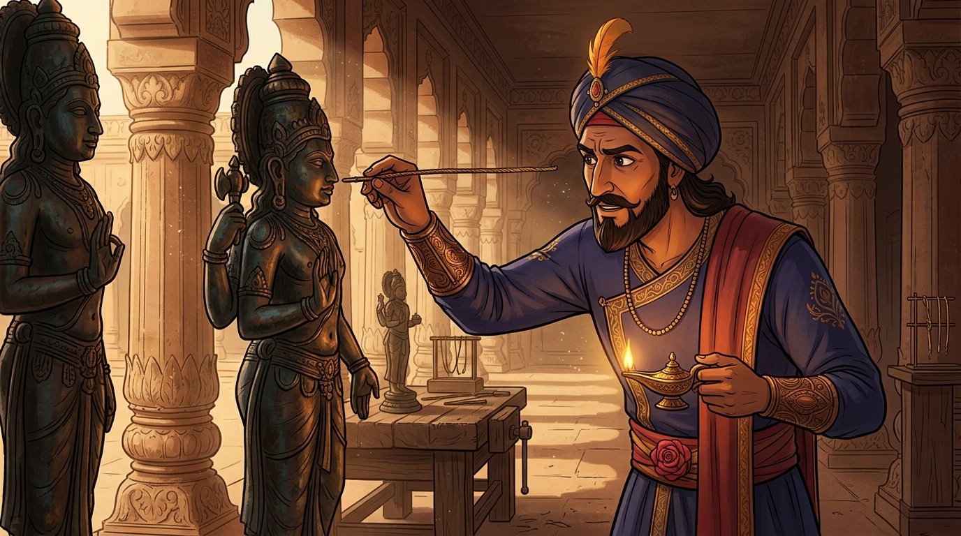 Vikramaditya inspects the ear openings of the statues, suspecting hidden internal channels